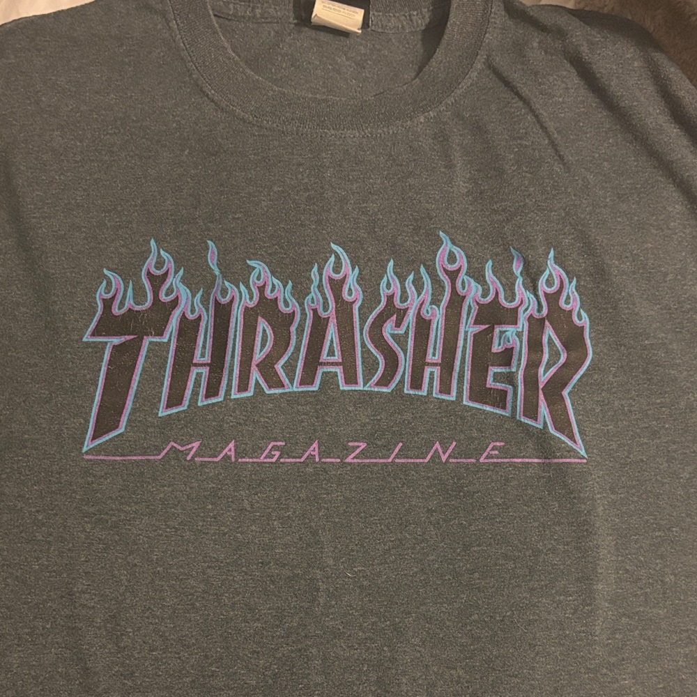Thrasher Flame Logo Shirt in Gray, Blue, Purple XL